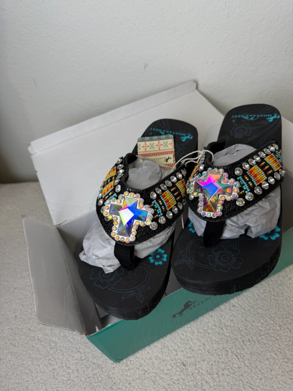 Montana West Black Beaded Rhinestone Cross Wedge Sandals-NIB - Picture 2 of 8